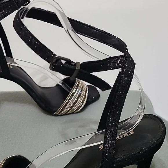 EXPRESS Women's Black Rhinestone Strappy 4 inch Open Toe Heels - Size 7.5 - Picture 7 of 12